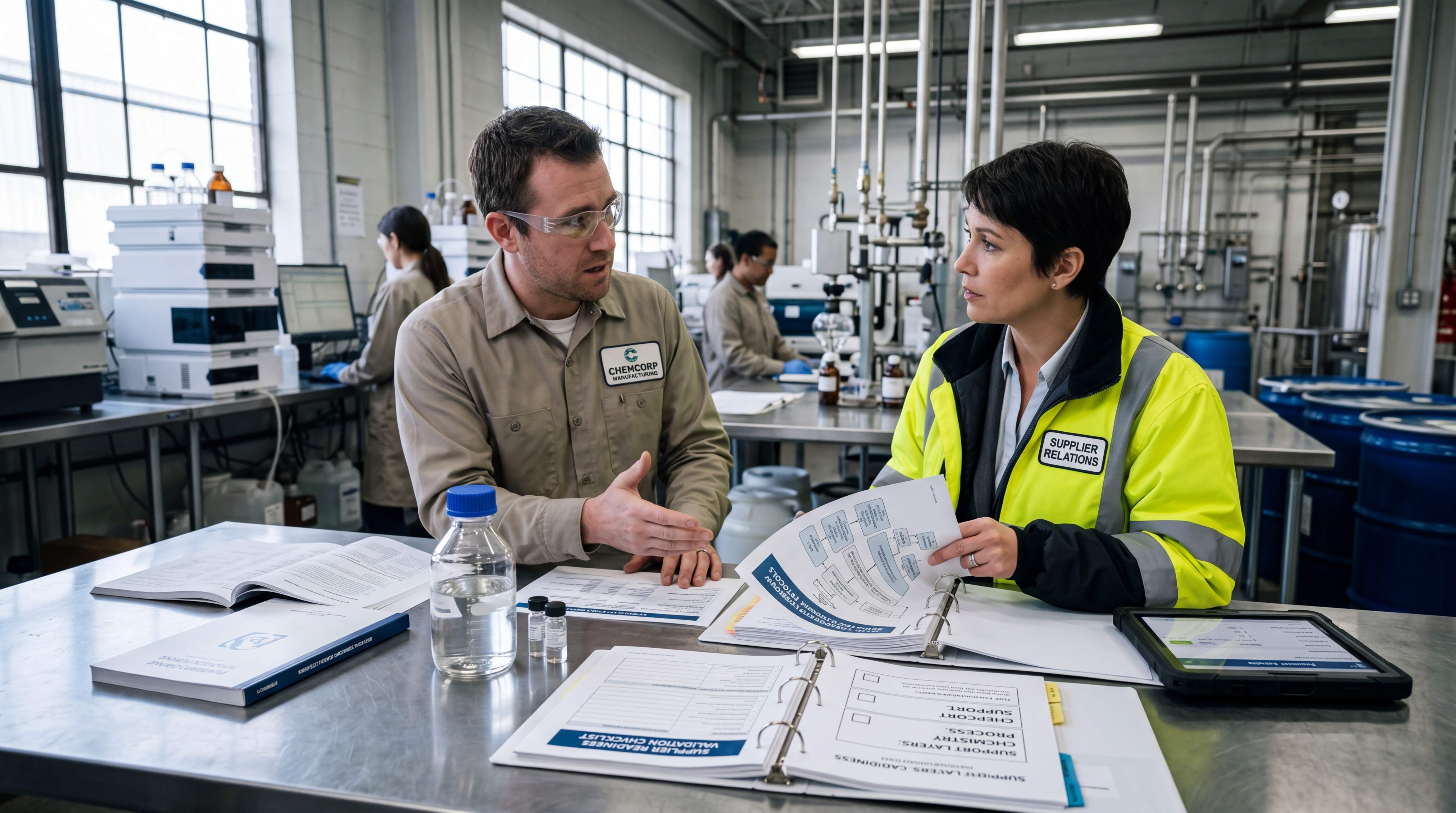 Supplier and plant team reviewing solvent application documents to match product choices with real industrial use